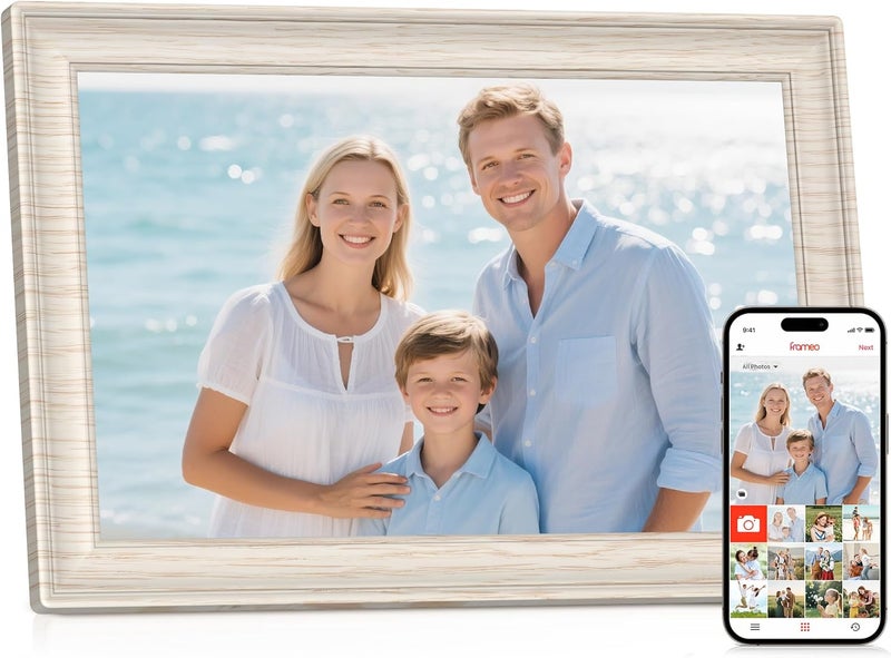 BIGASUO إطار فريميو 10.1" إطار صور رقمي واي فاي مع ذاكرة 32 جيجابايت، شاشة لمس IPS HD بدقة 1280 x 800، دوران تلقائي، عرض شرائح، مشاركة الصور/الفيديو عن بُعد في أي مكان، خشب أبيض مزخرف - Image 1